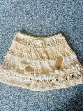 Boho Crochet Cream Mini Skirt with Tassel Detail